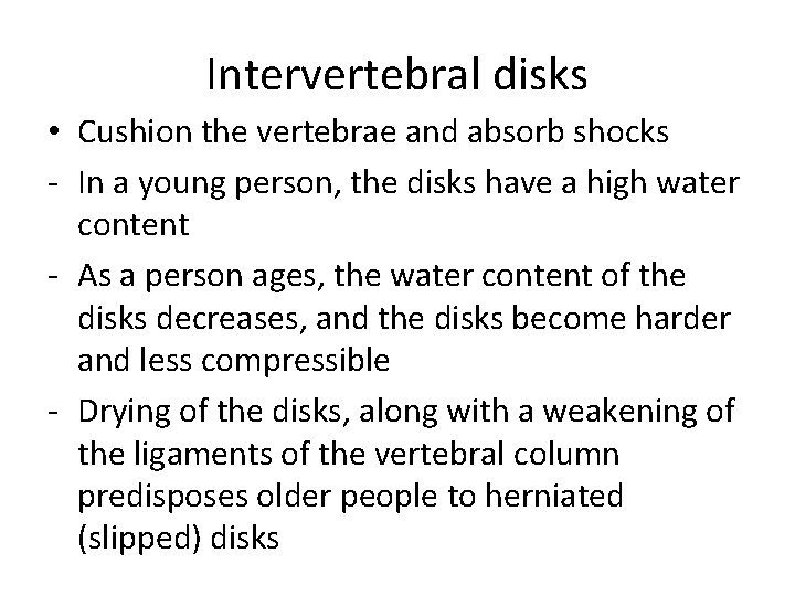 Intervertebral disks • Cushion the vertebrae and absorb shocks - In a young person,