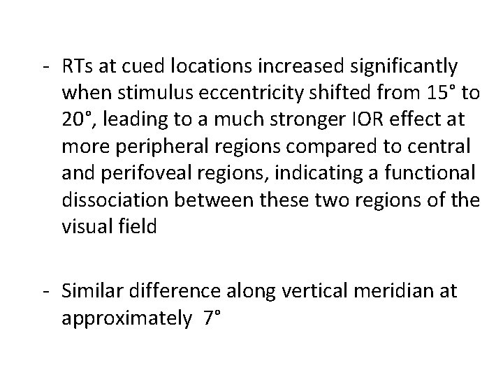 - RTs at cued locations increased significantly when stimulus eccentricity shifted from 15° to