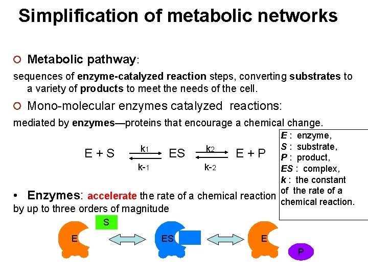 Simplification of metabolic networks Metabolic pathway: sequences of enzyme-catalyzed reaction steps, converting substrates to