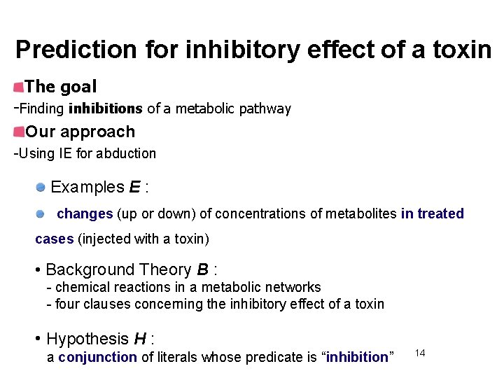 Prediction for inhibitory effect of a toxin The goal -Finding inhibitions of a metabolic