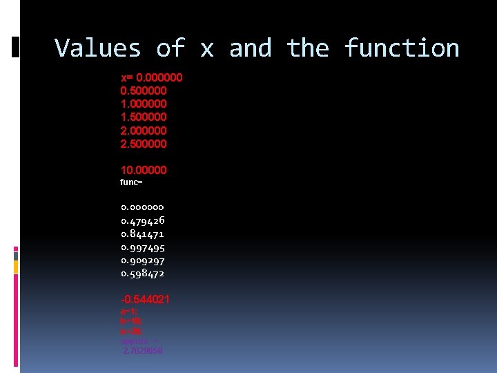 Values of x and the function x= 0. 000000 0. 500000 1. 000000 1.