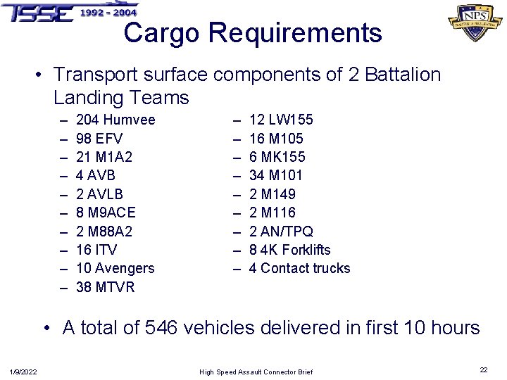 Cargo Requirements • Transport surface components of 2 Battalion Landing Teams – – –