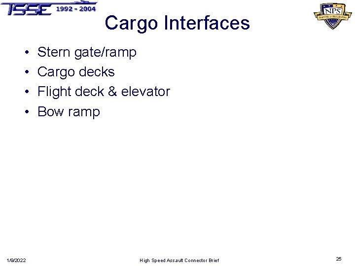 Cargo Interfaces • • 1/9/2022 Stern gate/ramp Cargo decks Flight deck & elevator Bow