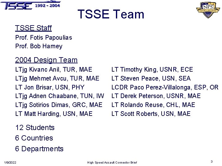 TSSE Team TSSE Staff Prof. Fotis Papoulias Prof. Bob Harney 2004 Design Team LTjg