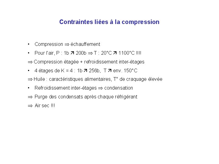 Contraintes liées à la compression • Compression échauffement • Pour l’air, P : 1