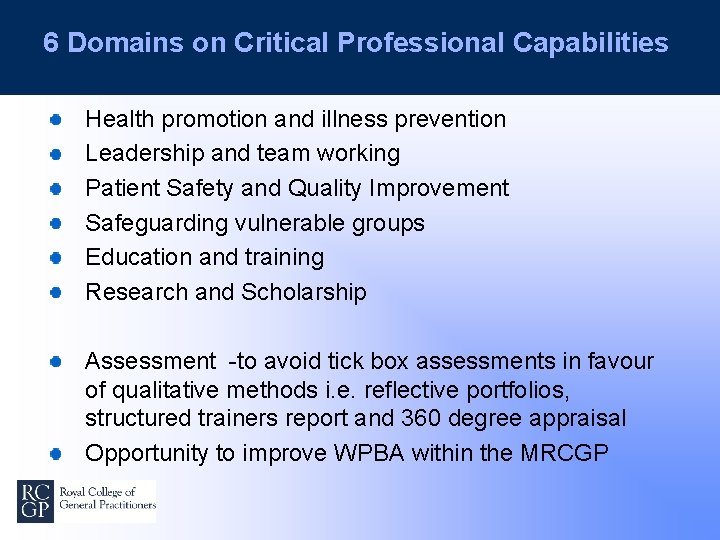 6 Domains on Critical Professional Capabilities Health promotion and illness prevention Leadership and team
