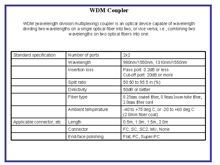 WDM Coupler WDM (wavelength division multiplexing) coupler is an optical device capable of wavelength
