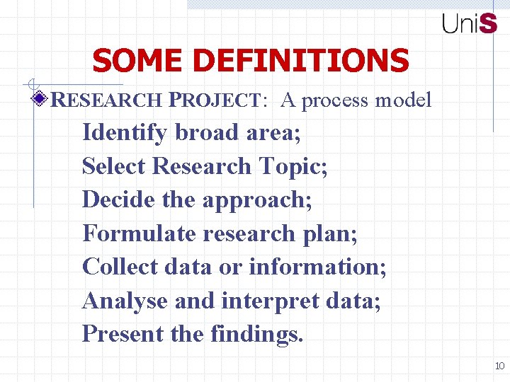 SOME DEFINITIONS RESEARCH PROJECT: A process model Identify broad area; Select Research Topic; Decide