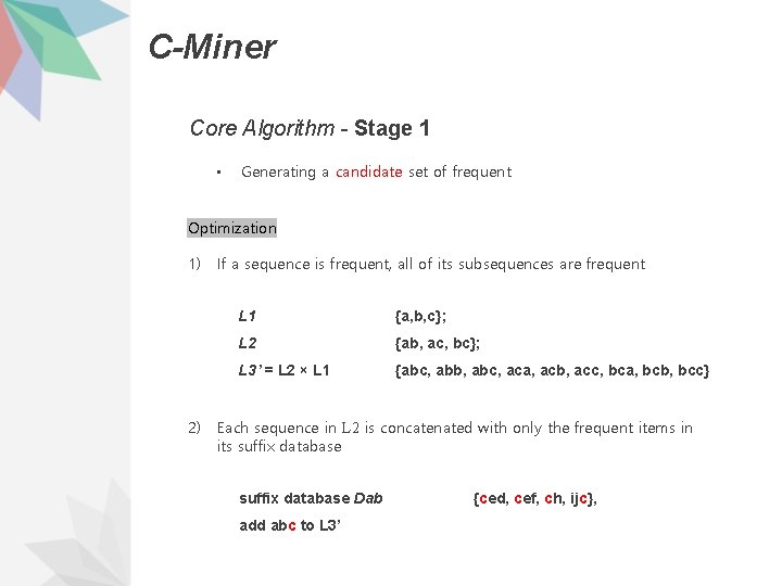 C-Miner Core Algorithm - Stage 1 • Generating a candidate set of frequent Optimization