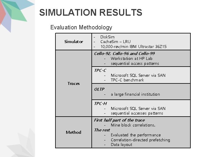SIMULATION RESULTS Evaluation Methodology Simulator - Disk. Sim Cache. Sim – LRU 10, 000
