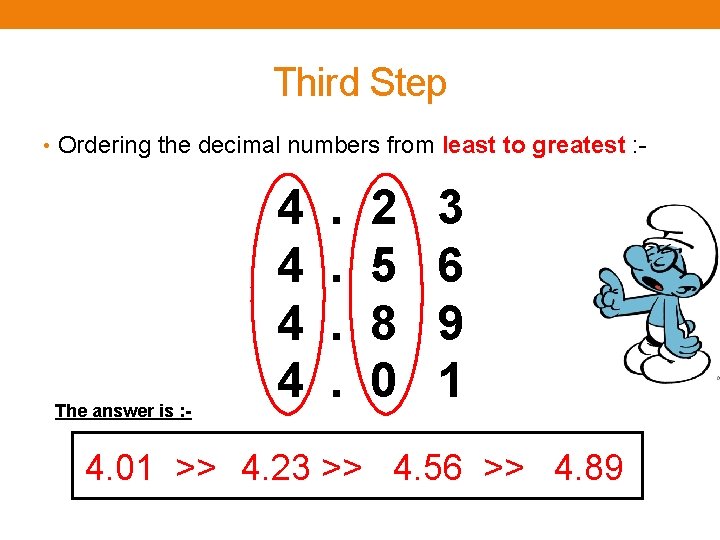 Third Step • Ordering the decimal numbers from least to greatest : - The