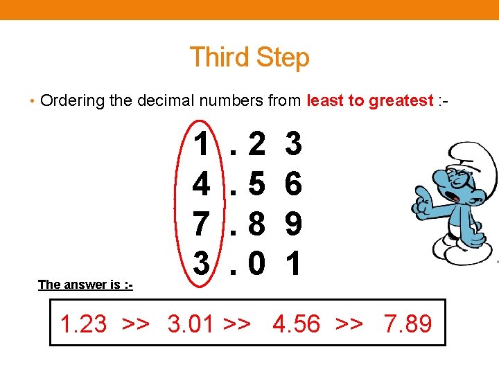 Third Step • Ordering the decimal numbers from least to greatest : - The