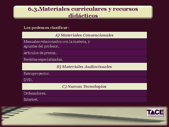 6. 3. Materiales curriculares y recursos didácticos Los podemos clasificar: A) Materiales Convencionales Manuales