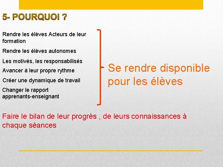 Rendre les élèves Acteurs de leur formation Rendre les élèves autonomes Les motivés, les