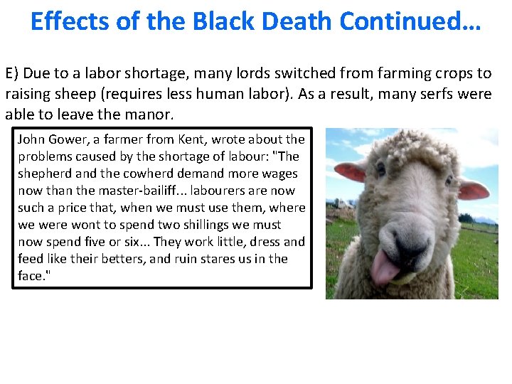 Effects of the Black Death Continued… E) Due to a labor shortage, many lords