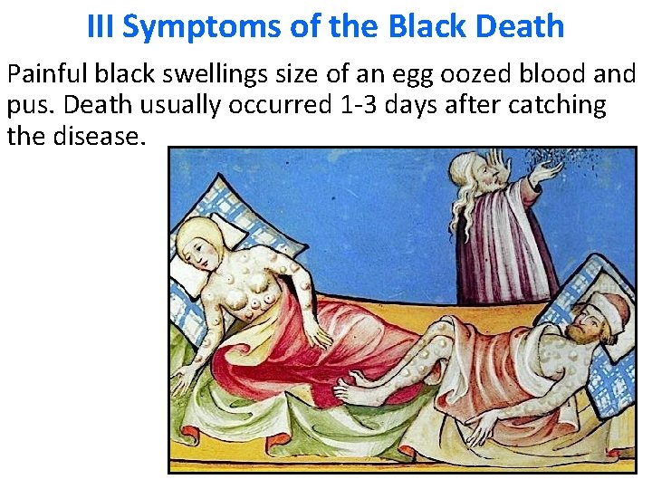 III Symptoms of the Black Death Painful black swellings size of an egg oozed