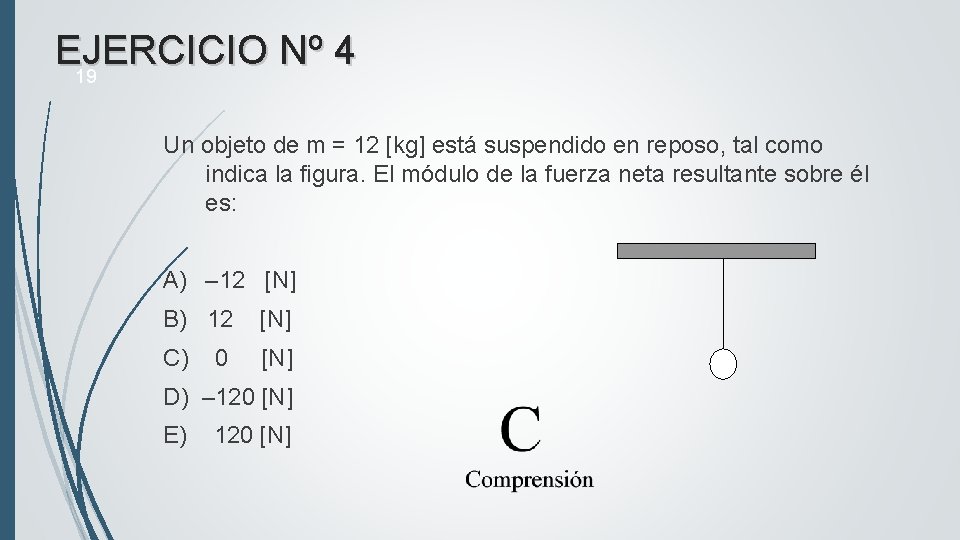 EJERCICIO Nº 4 19 Un objeto de m = 12 [kg] está suspendido en