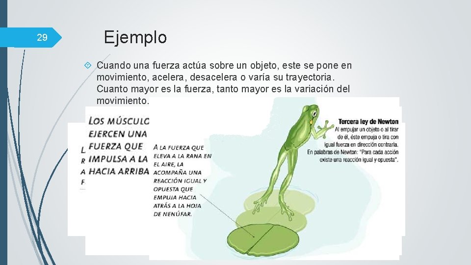 29 Ejemplo Cuando una fuerza actúa sobre un objeto, este se pone en movimiento,