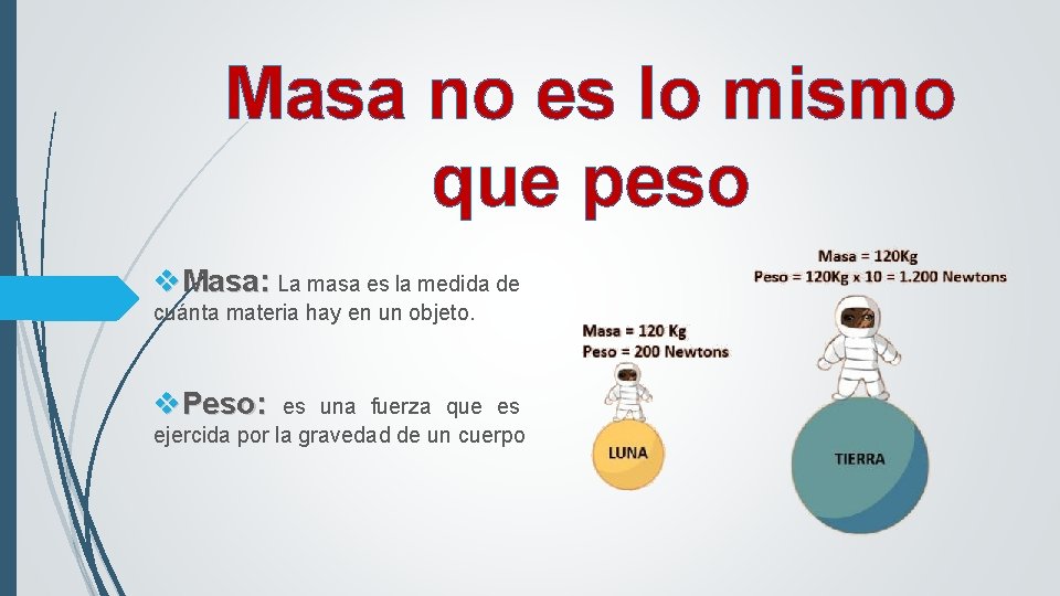 Masa no es lo mismo que peso v. Masa: La masa es la medida