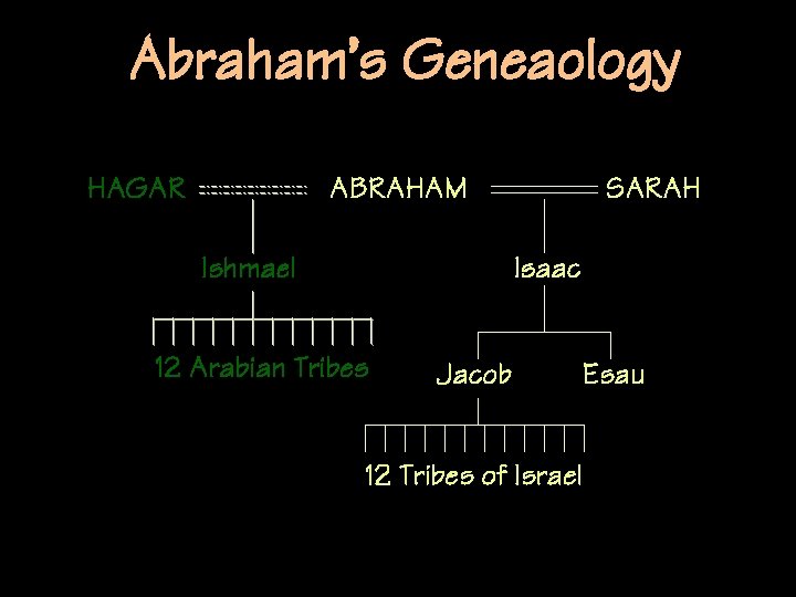 Abraham’s Geneaology HAGAR ABRAHAM Ishmael SARAH Isaac 12 Arabian Tribes Jacob Esau 12 Tribes