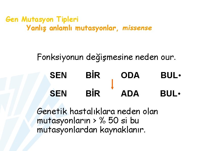 Gen Mutasyon Tipleri Yanlış anlamlı mutasyonlar, missense Fonksiyonun değişmesine neden our. SEN BİR ODA