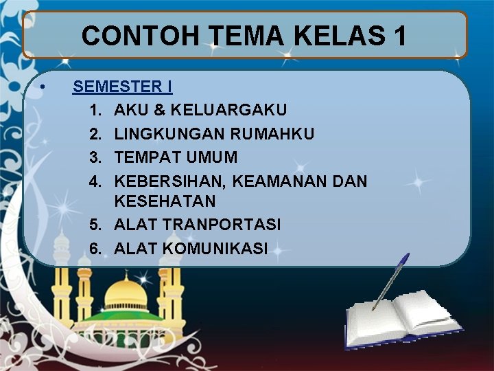 CONTOH TEMA KELAS 1 • SEMESTER I 1. AKU & KELUARGAKU 2. LINGKUNGAN RUMAHKU