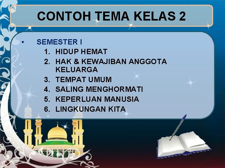 CONTOH TEMA KELAS 2 • SEMESTER I 1. HIDUP HEMAT 2. HAK & KEWAJIBAN