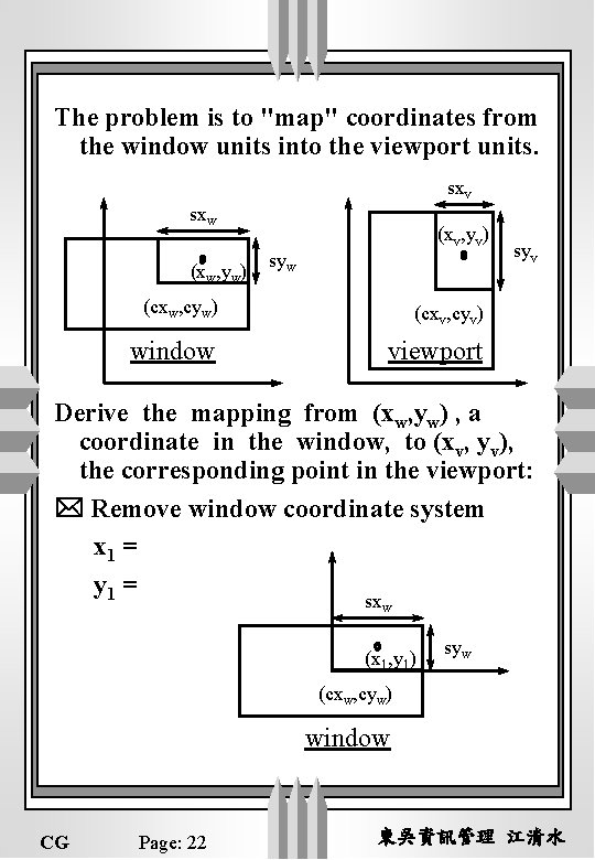 The problem is to "map" coordinates from the window units into the viewport units.