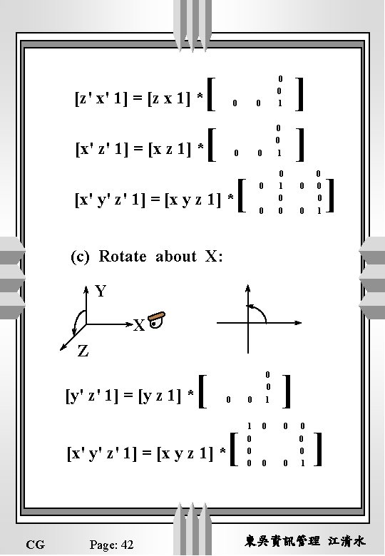 [ [x' z' 1] = [x z 1] *[ cosq sinq -sinq cosq 0