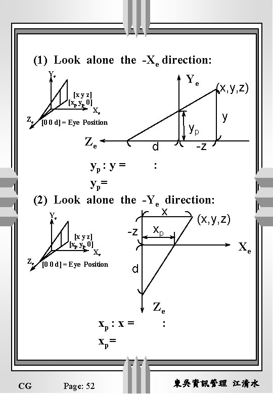 (1) Look alone the -Xe direction: Ye Ye [x y z] [xp yp 0]