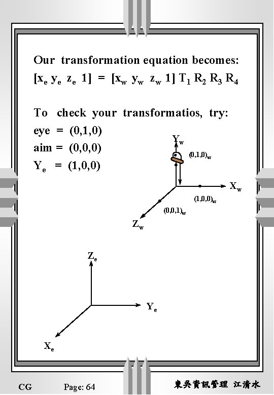 Our transformation equation becomes: [xe ye ze 1] = [xw yw zw 1] T