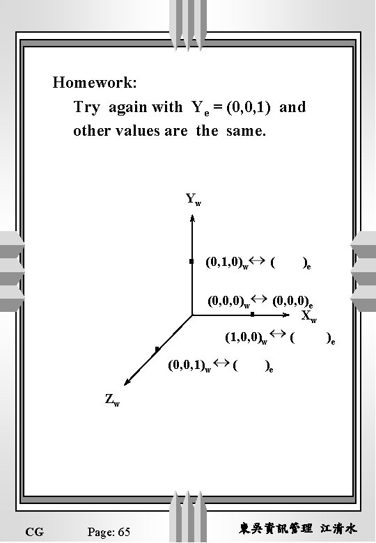 Homework: Try again with Ye = (0, 0, 1) and other values are the