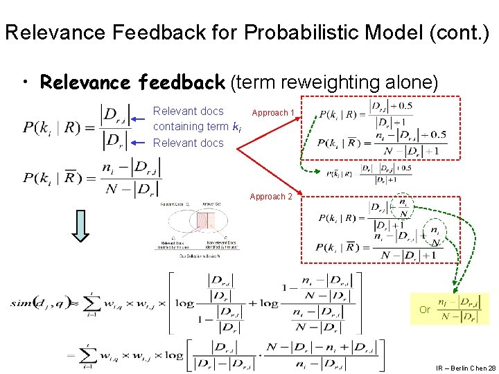 Relevance Feedback for Probabilistic Model (cont. ) • Relevance feedback (term reweighting alone) Relevant