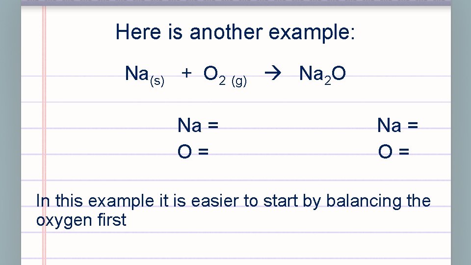 Here is another example: Na(s) + O 2 (g) Na 2 O Na =