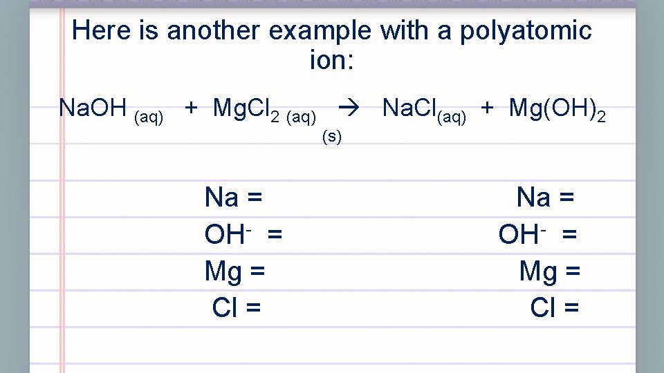 Here is another example with a polyatomic ion: Na. OH (aq) + Mg. Cl