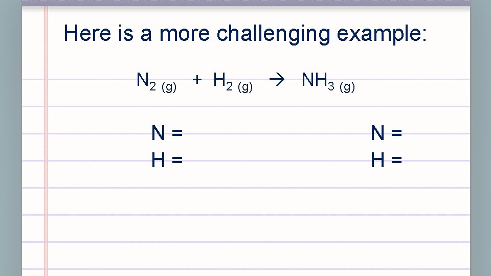 Here is a more challenging example: N 2 (g) + H 2 (g) NH