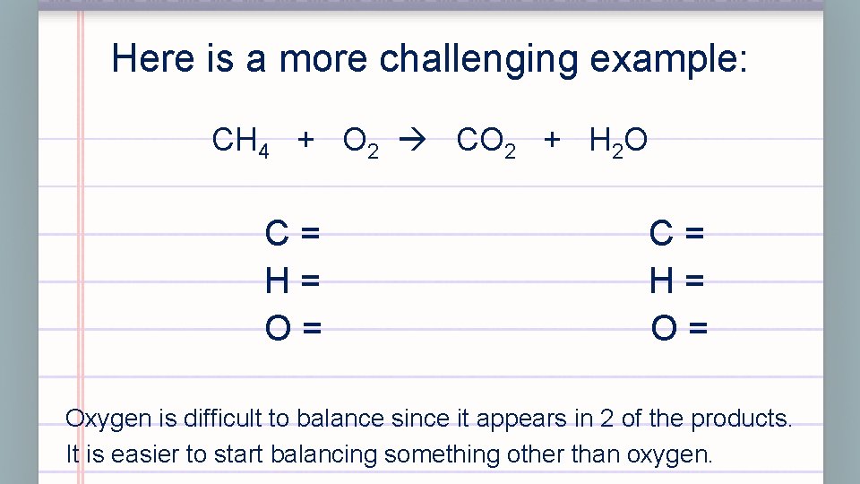 Here is a more challenging example: CH 4 + O 2 CO 2 +