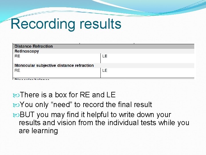 Recording results There is a box for RE and LE You only “need” to