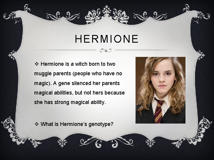 HERMIONE v Hermione is a witch born to two muggle parents (people who have