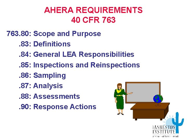 AHERA REQUIREMENTS 40 CFR 763. 80: Scope and Purpose. 83: Definitions. 84: General LEA