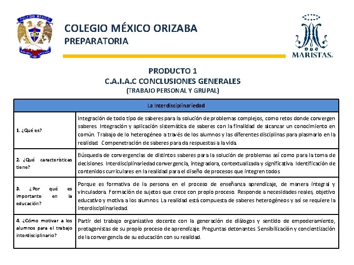 COLEGIO MÉXICO ORIZABA PREPARATORIA PRODUCTO 1 C. A. I. A. C CONCLUSIONES GENERALES (TRABAJO