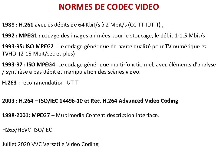 NORMES DE CODEC VIDEO 1989 : H. 261 avec es débits de 64 Kbit/s