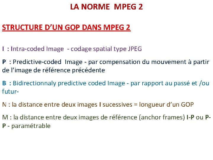 LA NORME MPEG 2 STRUCTURE D’UN GOP DANS MPEG 2 I : Intra-coded Image