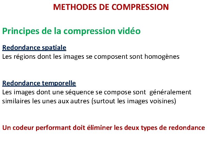 METHODES DE COMPRESSION Principes de la compression vidéo Redondance spatiale Les régions dont les