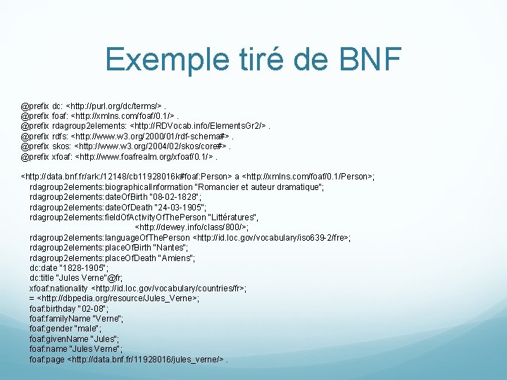 Exemple tiré de BNF @prefix dc: <http: //purl. org/dc/terms/>. @prefix foaf: <http: //xmlns. com/foaf/0.