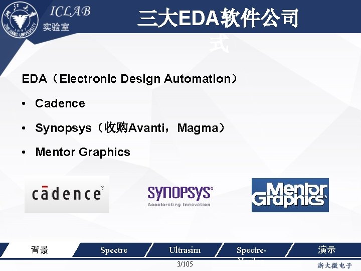 三大EDA软件公司 单击此处编辑母版标题样 式 EDA（Electronic Design Automation） • Cadence • Synopsys（收购Avanti，Magma） • Mentor Graphics 背景