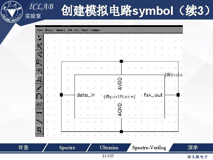 创建模拟电路symbol（续 3） 单击此处编辑母版标题样 式 背景 Spectre Ultrasim 81/105 Spectre-Verilog 演示 