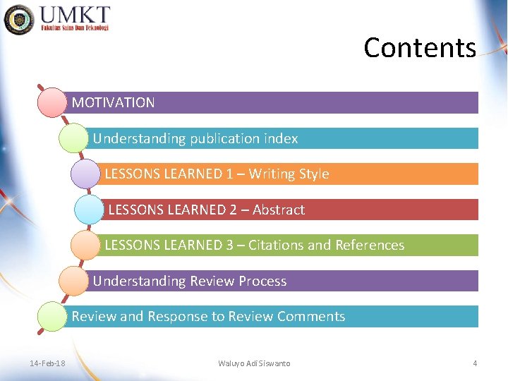 Contents MOTIVATION Understanding publication index LESSONS LEARNED 1 – Writing Style LESSONS LEARNED 2