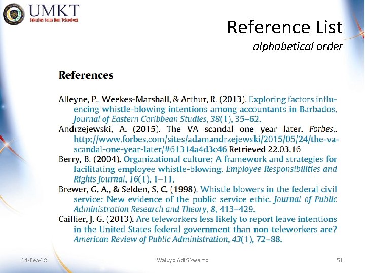 Reference List alphabetical order 14 -Feb-18 Waluyo Adi Siswanto 51 
