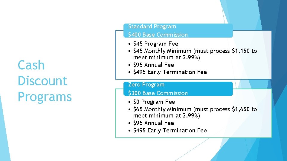 Cash Discount Programs Standard Program $400 Base Commission • $45 Program Fee • $45